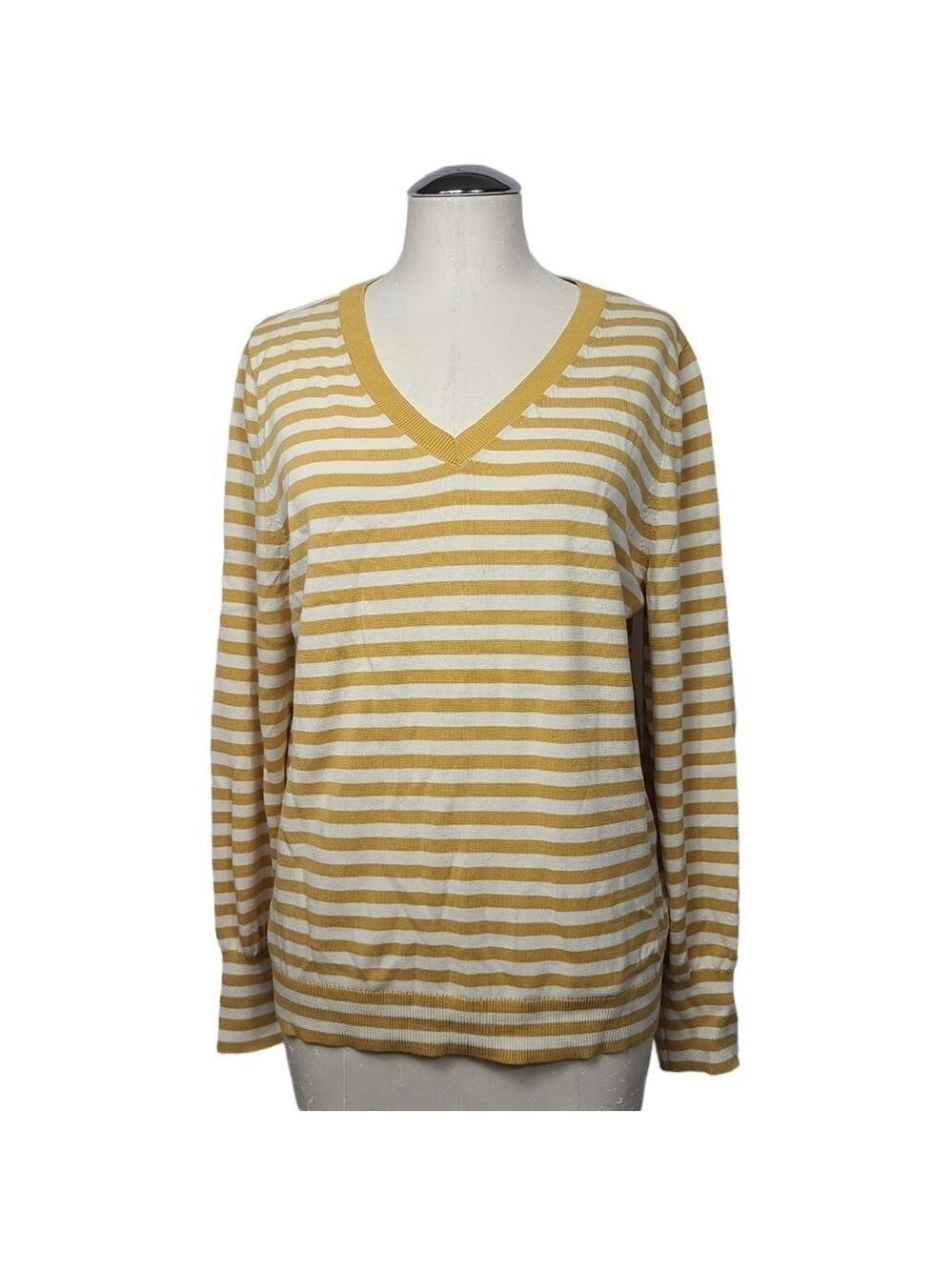 Talbots Striped V Neck Cotton Yellow White Sweater L